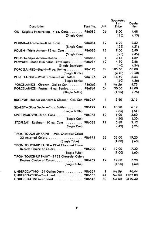 1954 Chevrolet Accessories Price List Page 6